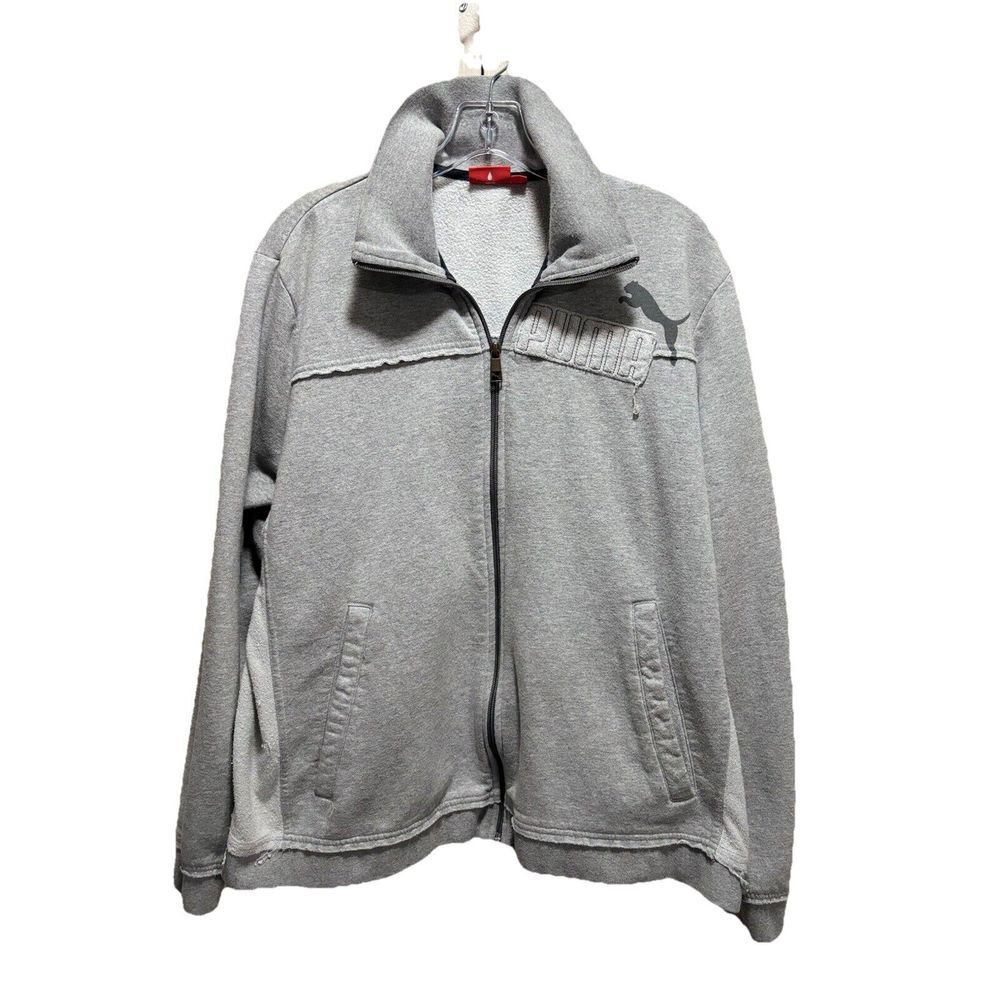 Puma Gray Zip Up Logo Jacket Embroidered Size L Pockets Fleece‎ Lined